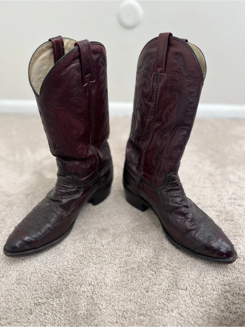 Vintage Dan Post Genuine Full Quill Ostrich Cowboy Boots Burgundy/Oxblood